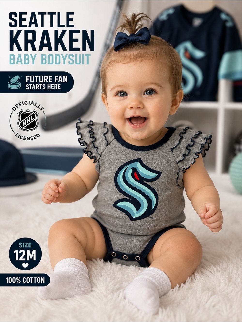 Seattle Kraken NHL Baby Bodysuit Gray Ruffle Sleeve 12M 100% Cotton